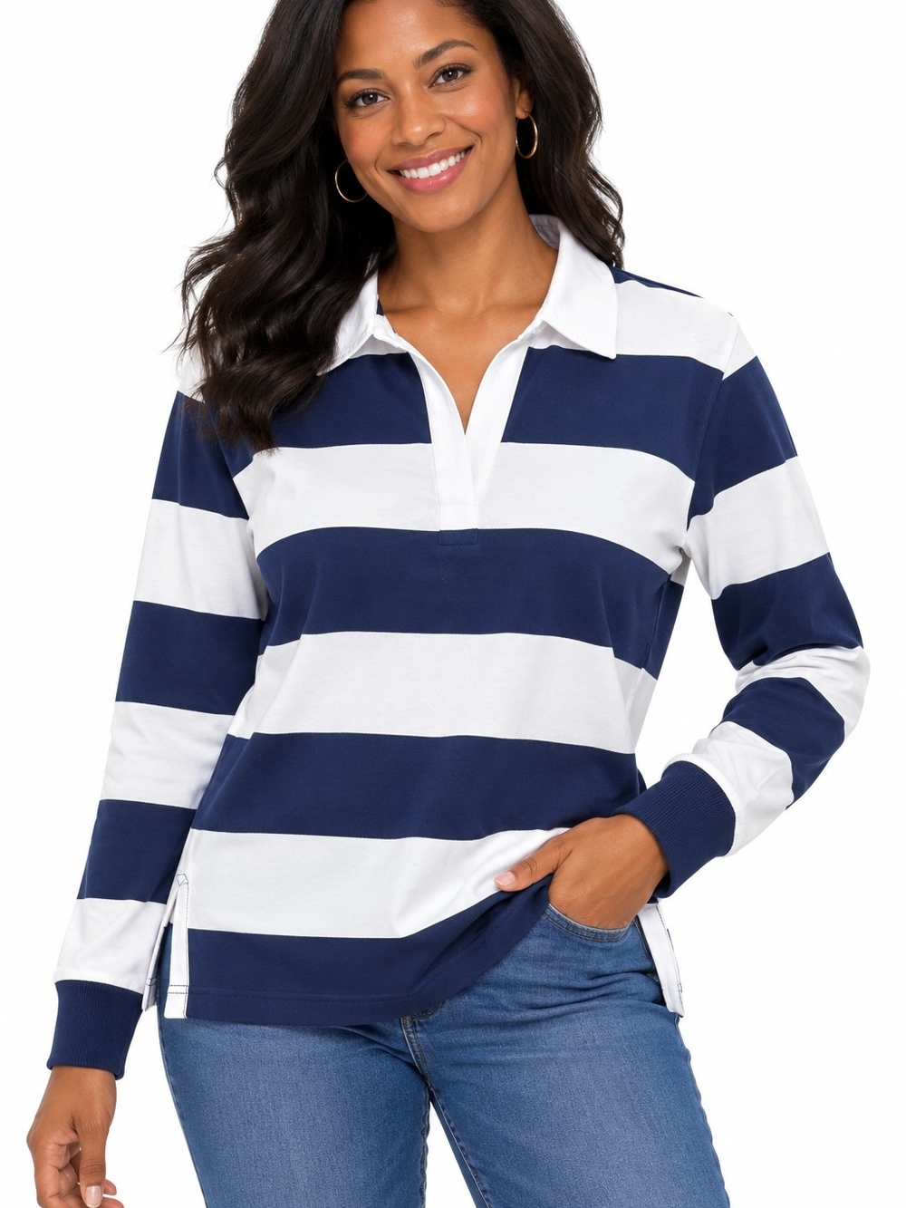 Lands' End Navy and White Striped Rugby Shirt - SIZE Medium NWT